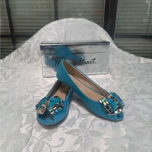 Blue Satin Ballet Flats with Jewel Embellishments